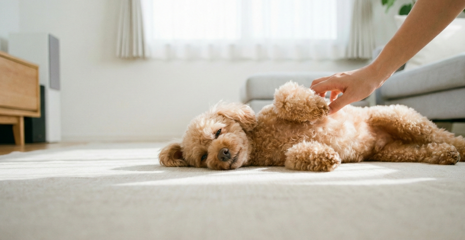 飼い主に安心しきってお腹を見せる犬と、やさしく触れる日常のコミュニケーションの様子